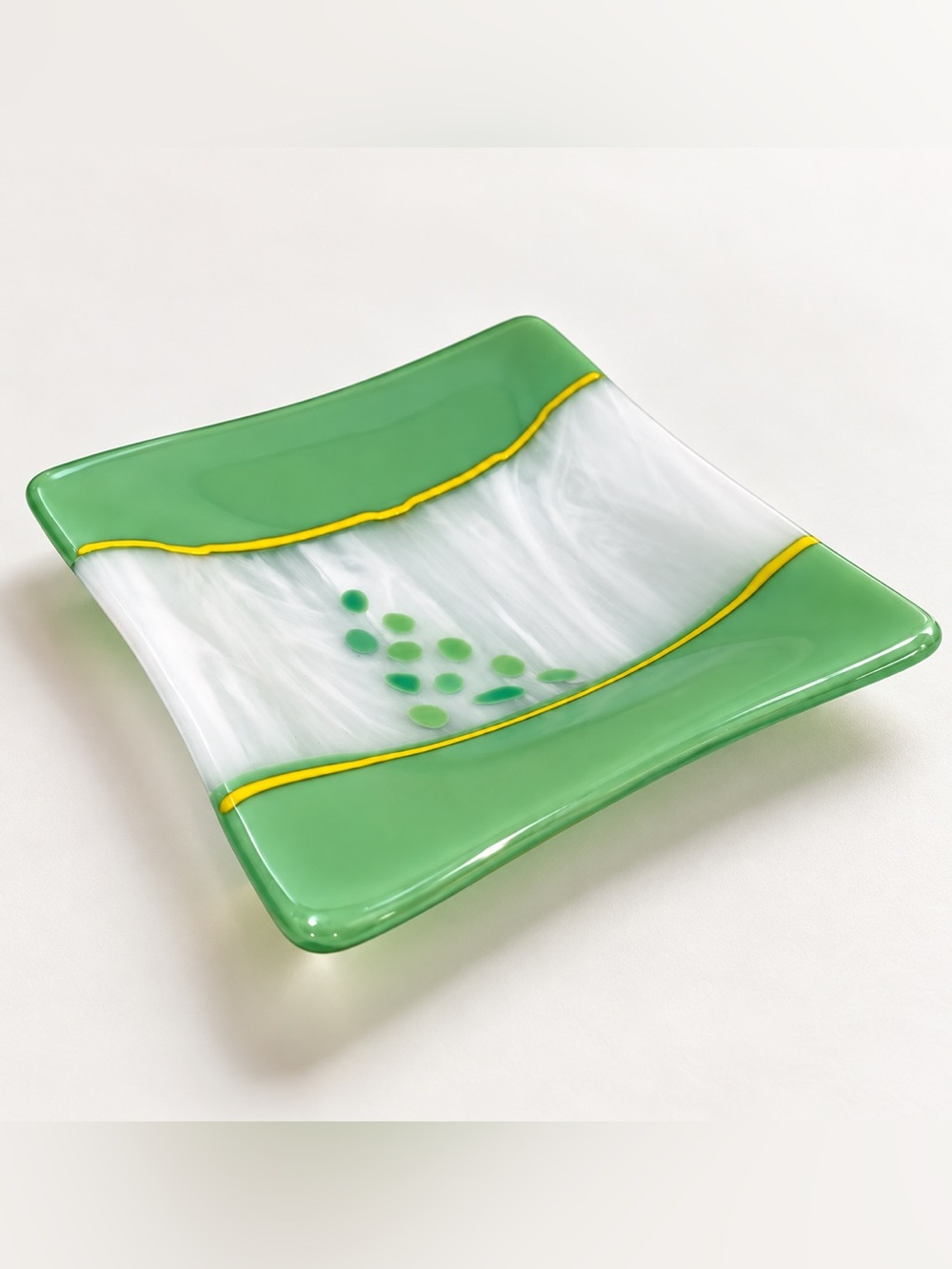 Vintage Fused Glass Square Candy Trinket Tray 5.5” Art Glass Abstract Curved